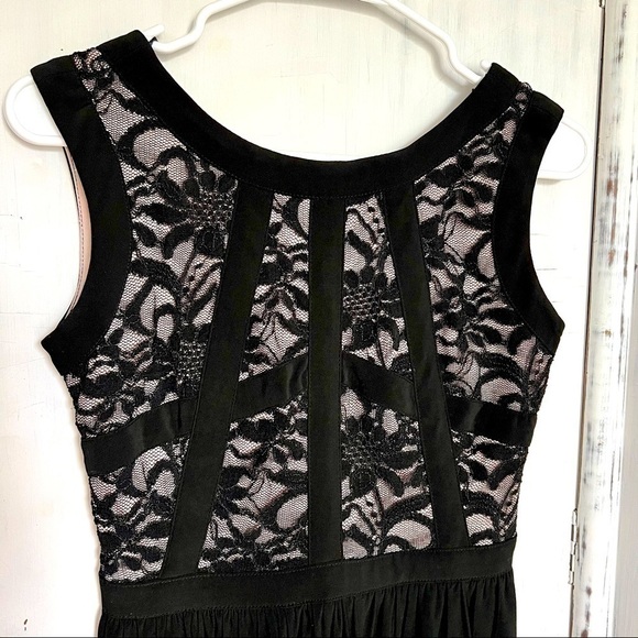 Morgan & Co. Black Swing Dress Lace Bodice with Nude Underlay Pleated Skirt 3/4 - Picture 4 of 13